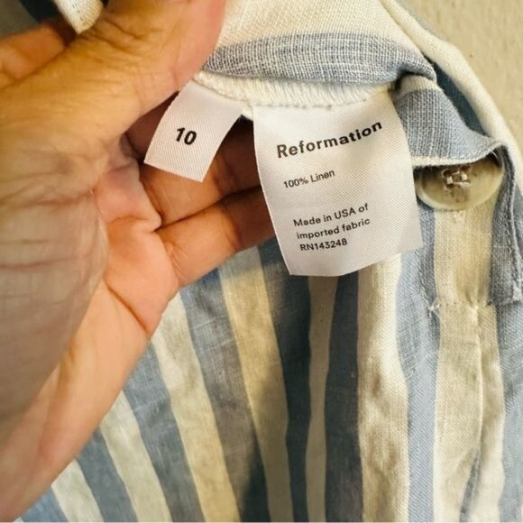 Reformation Torta Linen Blue Stripe Sleeveless Button Front Jumpsuit Size 10 - Picture 13 of 14